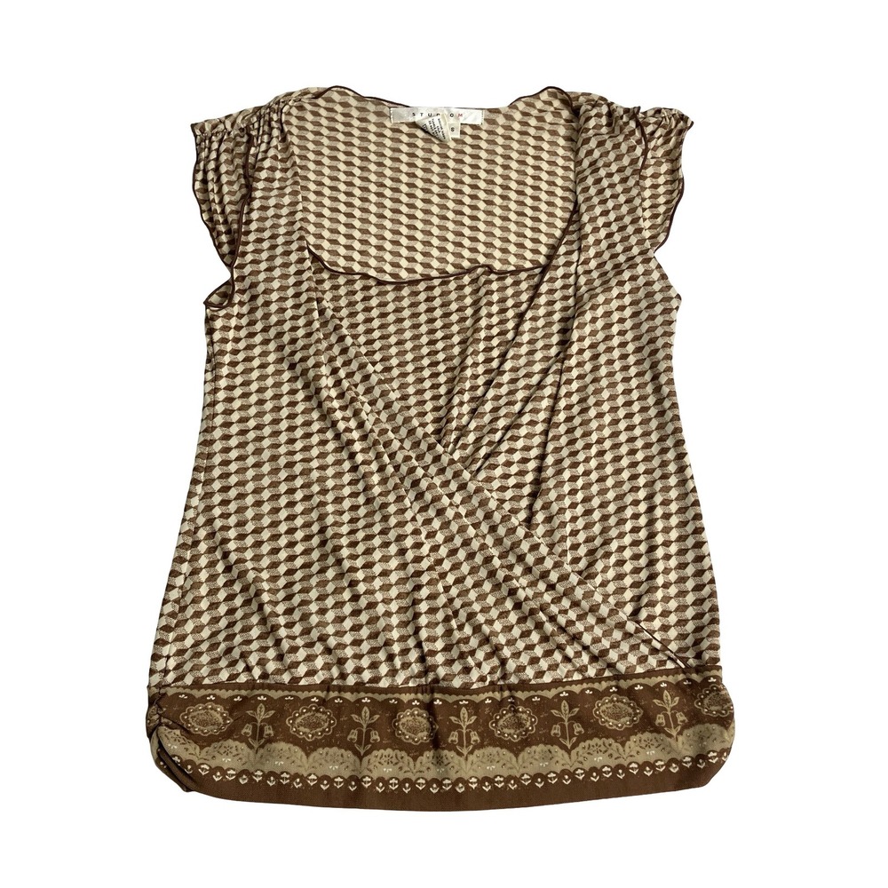 Y2K Studio M Mesh Top Womens‎ Small Brown Geometric Surplice Flutter Sleeve Boho